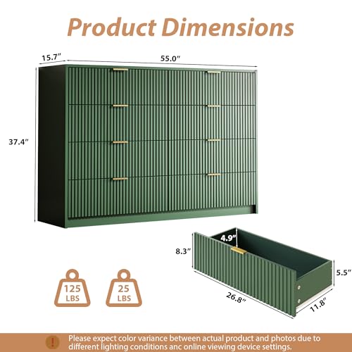 Image of MAISONARIA Green Dresser for Bedroom, 8 Drawer Double Dresser, Modern Chest of Drawers for Bedroom, Living Room, Entryway and Closet, 55 inch L x 15.7 inch D x 37.4 inch H