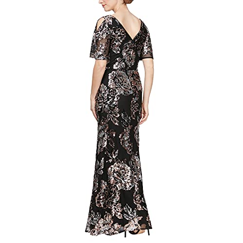 Image of Alex Evenings Women's Long Mother of The Bride Sequin Dress with Cold Shoulder Flutter Sleeves (Petite and Regular Sizes)