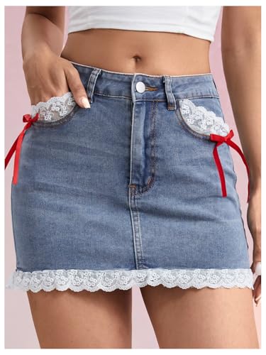 Floerns Women's Contrast Lace Bodycon Denim Skirt Cute Bow Party Mini Jean Skirts3