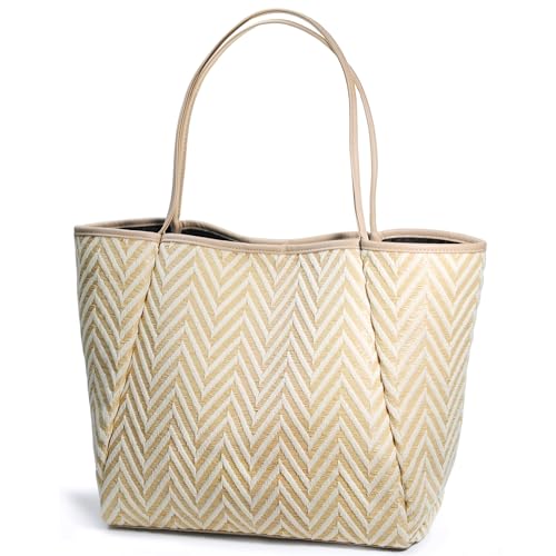 Image of HOXIS Oversized Beach Tote with Vegan Leather Trim Women Shoulder Handbag