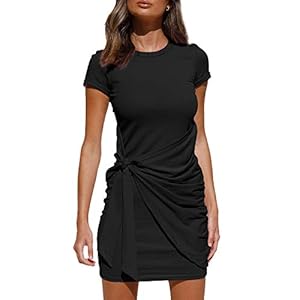 LILLUSORY 2023 Women's Summer Dress Sun Sundresses Short Sleeve T Shirt Casual Crewneck Bodycon Sexy Party Ruched Tie Waist Trendy Mini Black Funeral Dresses Black