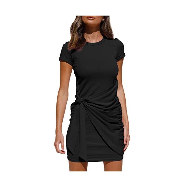 LILLUSORY-Womens-Summer-T-Shirt-Dress-Casual-Short-Sleeve-2021-Crewneck-Bodycon-Ruched-Tie-Waist-Mini-Dresses LILLUSORY 2023 Women's Summer Dress Sun Sundresses Short Sleeve T Shirt Casual Crewneck Bodycon Sexy Party Ruched Tie Waist Trendy Mini Black Funeral Dresses Black