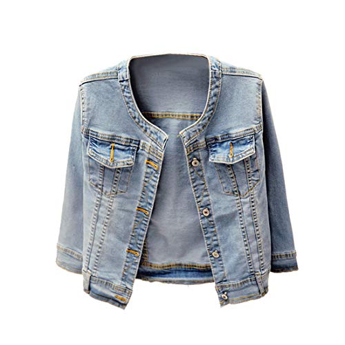 Denim Jackets Washed Three Quarter Sleeve Stretch Collarless Short Jeans Coat