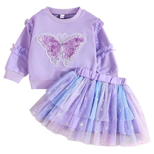 Kunyeah 2 Piezas Vestido tutú con Sudadera para niñas pequeñas Top con Mangas largas y Falda de Tul con Estampado de Mariposas