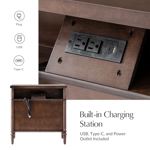 HULALA HOME Traditional End Table with Charging Station, Fluted End Tables with Wood Drawers and Solid Wood Spindle Legs, 28 Inch Wide Storage, Walnut - Image 4