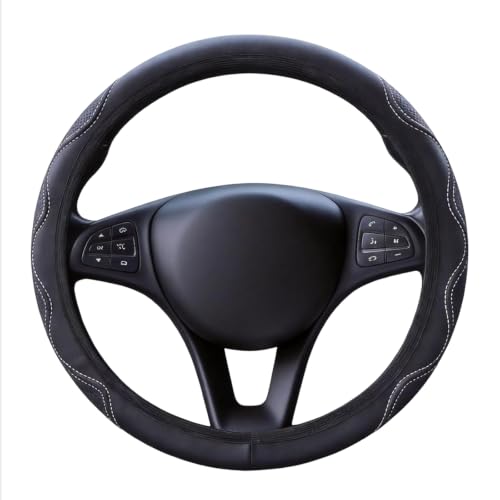 Pxvelcn Car Steering Whee Cover Soft Black PU Leather Car Steering Wheel Covers Protector with Wavy Line Splice Design Elastic Stretch Non-slip & Breathable (Black & White])