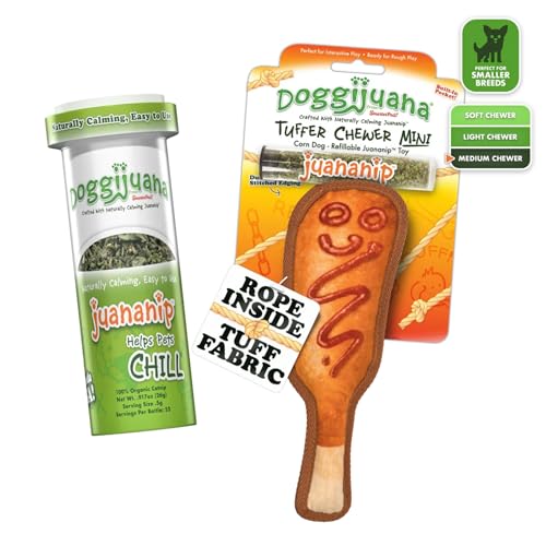 Image of Doggijuana Corn Dog & Juananip Bundle | Squeaky Refillable Plush Toy | Refillable squeaky plush dog toy + organic calming catnip; eases anxiety, stress & storms; drug-free, hand-harvested