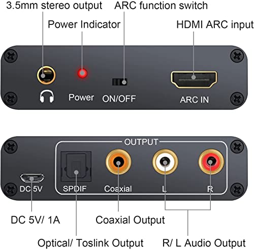 Image of Tobo HDMI ARC Audio Extractor HDMI ARC TV Audio Splitter to Toslink Coaxial 3.5 mm RCA 5.1CH Digital 2.0CH Analogue 192kHz for TV to Speaker Amplifier Headphones - TD-448H