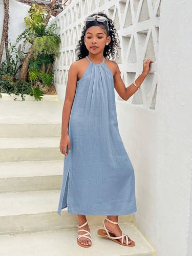 ZAFUL Girls Dresses Summer Casual Sleeveless Halter Neck Solid Color Flowy Midi Dress for 8-12 Years3