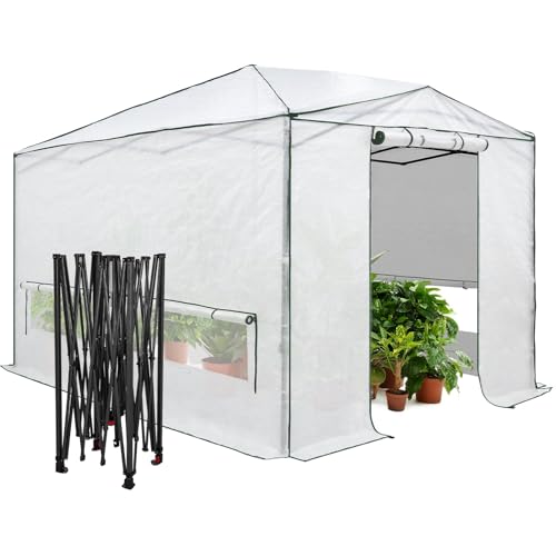 EAGLE PEAK Instant Pop-up Greenhouse, Indoor Outdoor Plant Gardening Green House, Roll-Up Zipper Doors and Side Windows, Heavy Duty Walk in 12x8 ft, Woven PE Cover, White