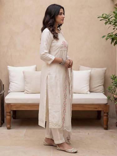 Image of INDO ERA Solid Straight Pure Cotton Kurta with Pant & Dupatta Set for Women