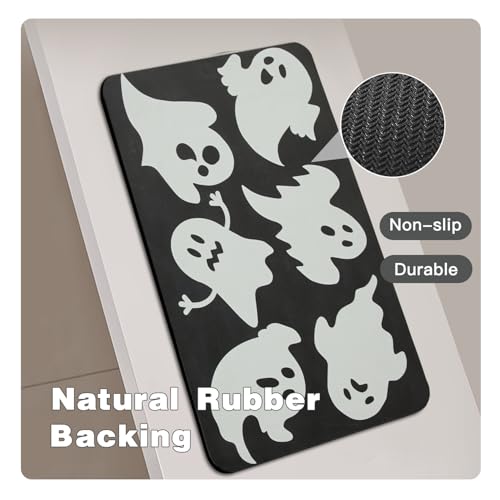 Halloween Bath Mat, Thin Halloween Bathroom Rug Non Slip Quick Dry Ghost Bath Mat Fits Under Door Thin Floor Mat Halloween Decor, 17''x30'', Ghosts Black