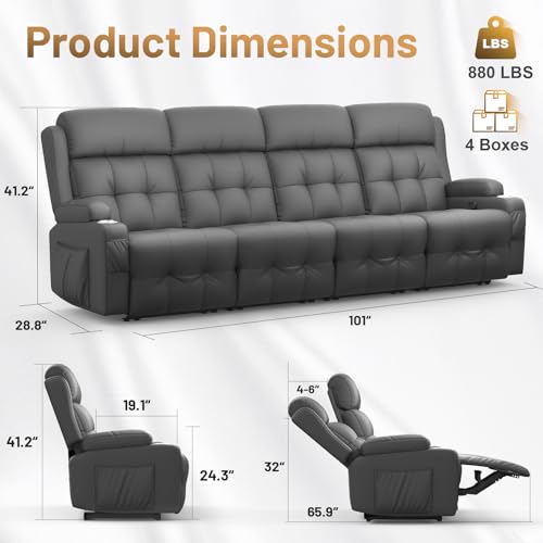Image of Loveseat Recliner Sofa, Home Theater Seating with Massage, 4 Seat Reclining Loveseats with USB, Wall Hugger RV Couch Movie Theater Chairs, RV Furniture Sofas with USB, Cup Holders for Gaming Room