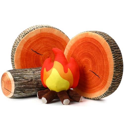 Anglechic 4 Pcs Pretend Campfire Set with 2 Tree Stump Pillows 1 Wood Pillow Floor Cushion 1 Fake Campfire Plush Decorative Round Throw Pillow Floor Cushion for Bedroom Living Room Picnic Party