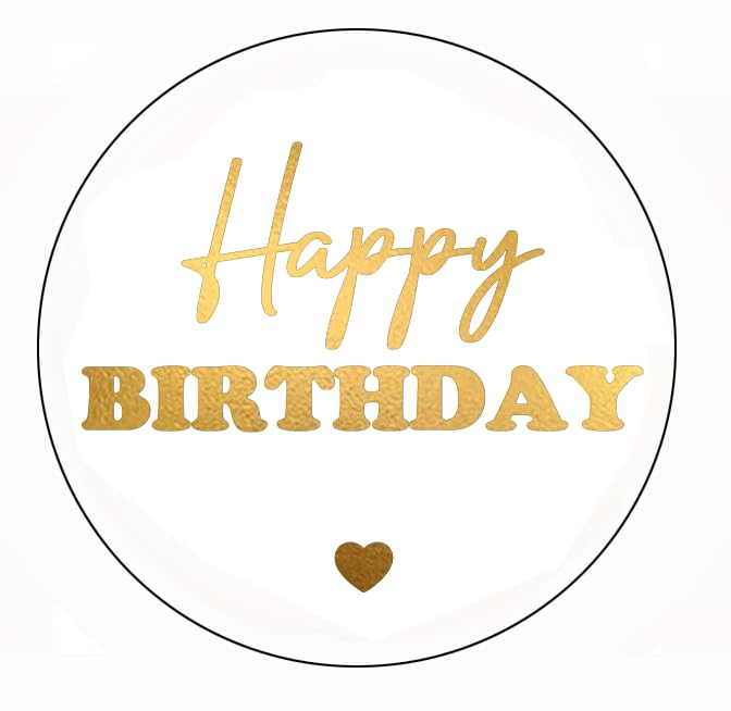 45mm Round Happy Birthday Stickers - White & Shiny Gold Party Labels for Decorations, Gifts & Favours (50 Pack)