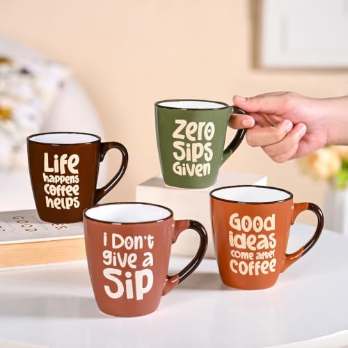 Image of Nestasia Ceramic Coffee Mugs Set of 4 (210ml Each) - Quirky Quotes Tea & Coffee Cups with Glossy Finish | Microwave & Dishwasher Safe Cups - Ideal for Gifting (Earthy Hues)