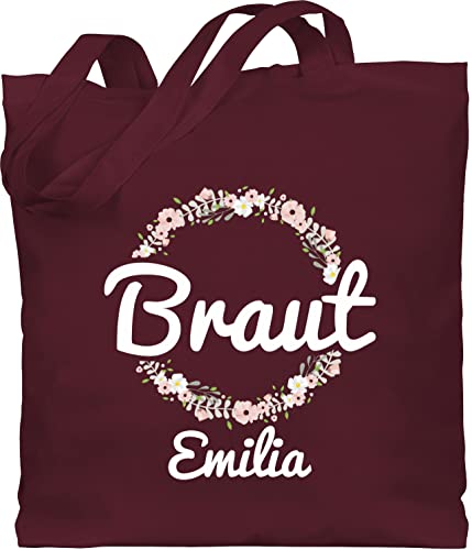 Baumwolltasche personalisiert Namen - JGA Junggesellenabschied - Braut mit Blumenkranz weiss - Unisize - Bordeauxrot - personalisierte tasche junggesellinnenabschied jungesellenabschied bride beutel