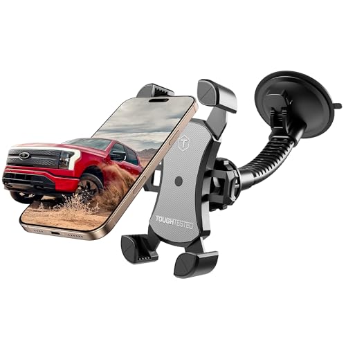 ToughTested Mammoth Truck Windshield Phone Mount Vibration Absorbing Car Phone holder with One-hand Quick Release Double-ribbed Gooseneck Expandable Claw Grip 360 rotation Extra Large Suction Cup