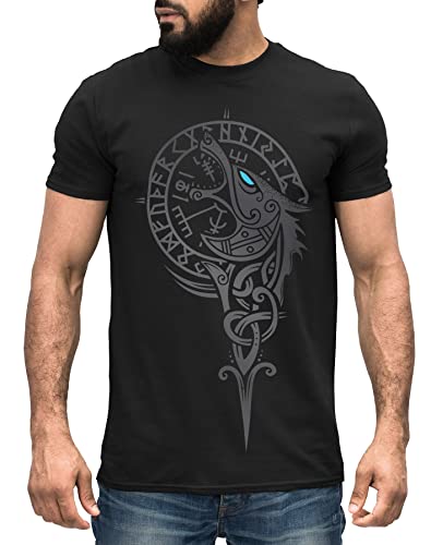 Neverless® Herren T-Shirt Wikinger Kompass Fenriswolf Fenrir Vegvisir Wolf Asgard Valhalla schwarz 4XL