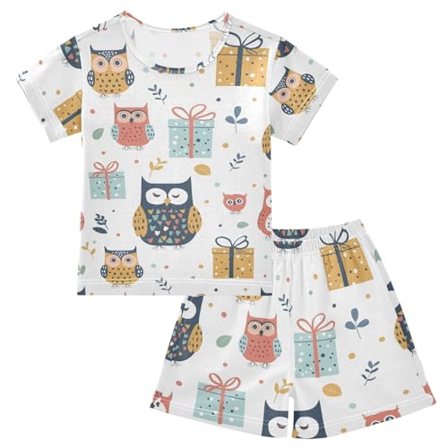 ALAZA Merry Christmas Owl Pajamas Short Sleeve 2 Piece Sleepwear Top and Bottom Pajama Set Unisex