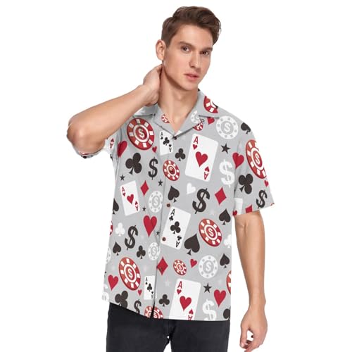 ALAZA Poker Card Gray Men's Hawaiian Shirt Short Sleeve Button Down Shirt Casual Beach Shirts S M L XL 2XL 3XL4