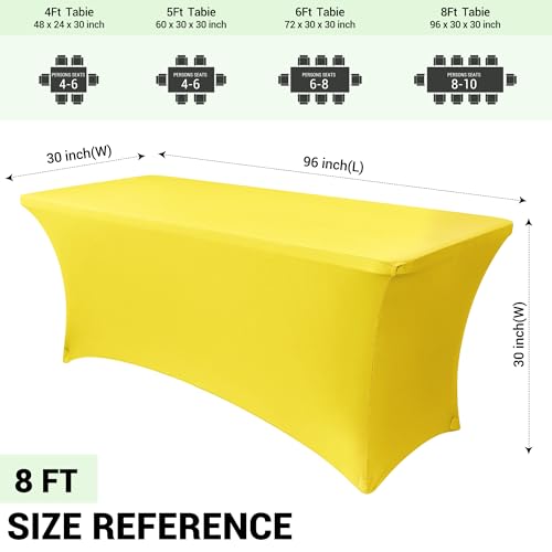 Image of Obstal 8Ft Stretch Spandex Table Cover for Standard Folding Tables - 2 Pack Universal Rectangular Fitted Tablecloth for Party, Banquet, Events, Trade Show (Yellow, 96L x 30W x 30H Inches)