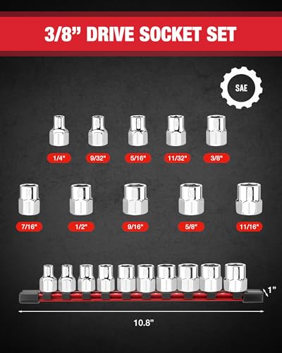 Image of WORKPRO 3 /8 inch Drive Socket Set, 10-Piece SAE Cr-V Socket Set with Organizer | Standard & Shallow Sockets, External Hex Socket, 1 /4 inch to 11 /16 inch, 6-Point, Size Markings, PVC Socket Rail, for Auto Repairs