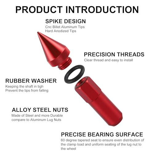Image of SINGARO 20PCS M12X1.5 Wheel Lug Nuts, Cap Spiked Extended Tuner 60mm Aluminum Wheels Rims Lug Nuts (Red)