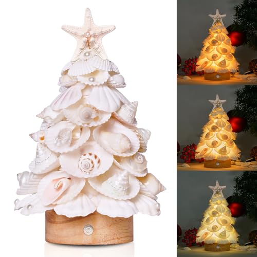 OOOFAYE Sea Shells Christmas Tree Handmade Crafts Tabletop Shells Christmas Tree with LED Light, for Christmas & Beach Decoration, Party Birthday Gift, Home Decor, Figurines Christmas Tree