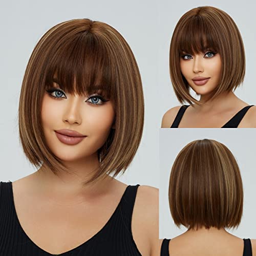 EMMOR Brown Bob Wig with Bangs 13" Short Bob Wigs for Women Heat Resistant Synthetic Wig Natural Looking for Daily Use Party and Cosplay(Brown with Blonde Highlights)