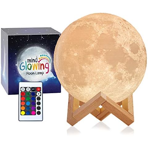 3D Moon Lamp by Mind-glowing - Kids Moon Night Light, 5.9 inch, 16 LED Colors, Wood Stand, Remote/Touch Control, Cool Birthday Gift for Any Year Old Girls, Cute Astrology Bedroom Moon Decor for Women Cover