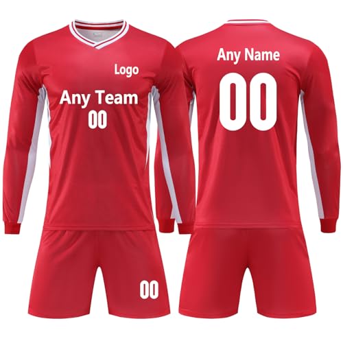 Customized soccer jerseys Long Sleeve Soccer Shirt Kit Tracksuit Training for Boys Girls 2-Pack (Red)