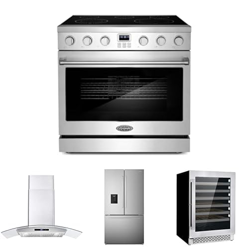 COSMO 4-Piece Kitchen Appliance Packages, 36" Electric Range, 36" Wall Mount Range Hood, 36" French Door Refrigerator and 24" Wine Cooler