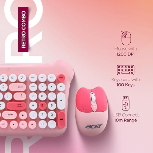 Image of Acer Cuteo Wireless Keyboard and Mouse Combo | 2.4GHz Wireless USB Receiver | Retro Round Keycaps | 1200 DPI Optical Mouse | Plug & Play Compact Design for PC, Laptop, Office & Home Use | Pink