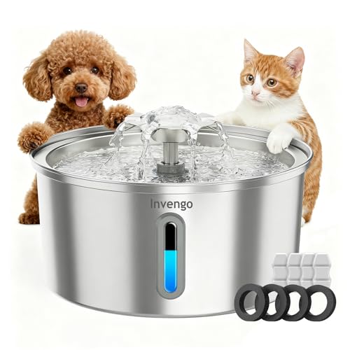 Invengo Fuente para Gatos Acero Inoxidable, 3.2L con Boquilla de Flor, Filtración de 5 Etapas, Ventana de Nivel y Fácil Limpieza   Ideal para Gatos y Perros Pequeños, Incluye 4 Filtros de Repuesto