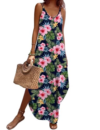 Image of Zeagoo Women's Casual Sundress Summer Maxi Sleeveless V Neck Split Boho Beach Dress Travel Vacation Dress with Pockets