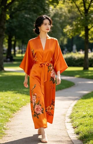 Image of Women's Classic 100% Silk Kimono Robe, Bathrobe-Printed Pattern