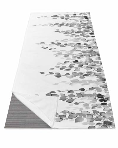 BOSIJOY Yoga Mat Towel,Spring Farm Botanical Leaves Non Slip Sweat Absorbent Hot Yoga Towels with Corner Pockets,Gray Foliage Plant on White Soft Microfiber Towel for Pilates Bikram 74