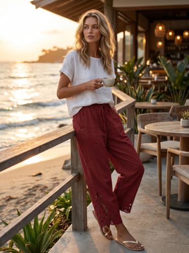 Image of Acelitt Women Casual Lightweight Drawstring Elastic Waist Pants with Pockets, S-XXL