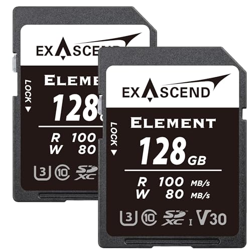 Exascend Element 128 GB V30 SD-Karte Ultra-HD 4K Video High Speed Speicherkarte SDXC Speicherkarte Burst Shooting Mode 100 MB/s Lesen, 80 MB/s Schreiben, UHS-I, Klasse 10, U3, V30 Kamera SD-Karte, 128