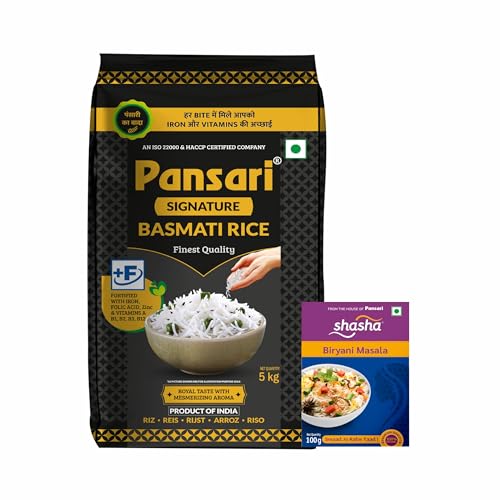 Image of Pansari Basmati Signature Rice, Great Taste and pure Aroma | Long Grain, Naturally Aged(2-Years) with Fortified | Basmati Rice, Biryani Rice, Pulao Rice (5Kg) and Biriyani Masala 50g Inside