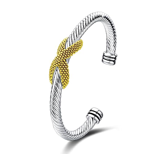 UNY JEWEL Women's Fusion Twisted Cable Bracelet Two Tone Gold Dots Caviar Imitation Pearl Cuff Designer Inspired Bangle