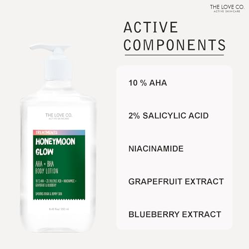 Image of THE LOVE CO. Honeymoon AHA + BHA Body Lotion - Nourishing Formula for Dry Skin - Women & Men - Enhanced with Jojoba Oil, Shea Butter, Vitamin E - 250Ml - Best for Daily Moisturizing (AHA + BHA)
