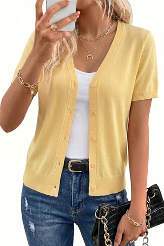 Image of Arach&Cloz Women's Wool Blend Short Sleeve Lightweight Cardigan Business Casual Summer Sweaters Tops