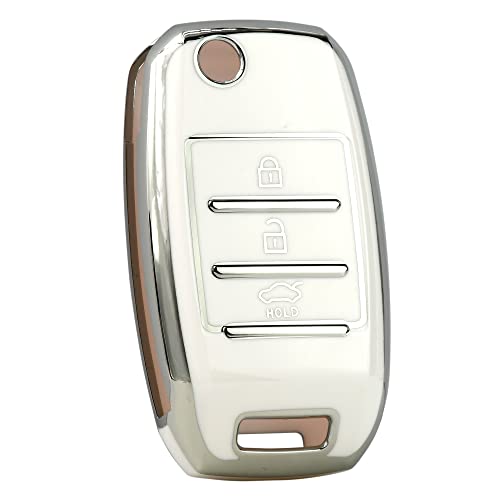 Image of KMH TPU Silver Car Smart Key Cover Compatible for Kia Seltos and Sonet 3 Push Button Smart Flip Key Shell Case Holder, Full Key Protection (Silver White) Pack of 2