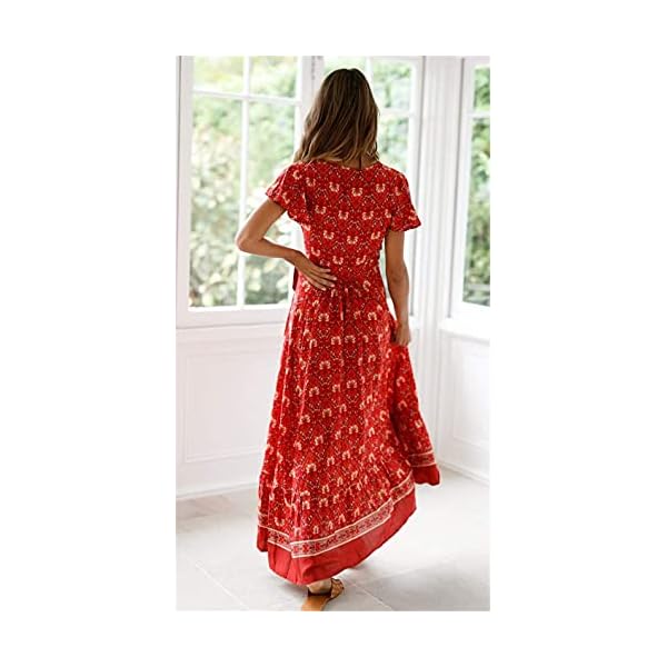 PRETTYGARDEN Women's Casual Long Summer Dresses Boho Floral Wrap V Neck Short Sleeve Split Maxi Beach Dress (Red -1,Medium)