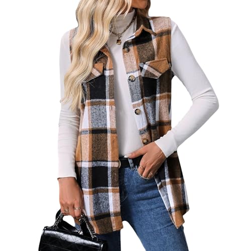 Wowcarbazole Womens Plaid Vest Button Down Sleeveless Lapel Neck Long Vest Tops Outerwear Casual Flannel Waistcoat Jackets