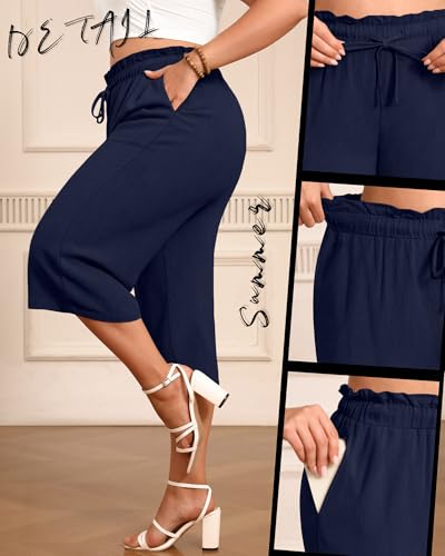 2 Pack Linen Capri Pants for Women L - 5XL Cotton Plus Size High Waist Drawstring Pockets Casual Cropped Trousers3