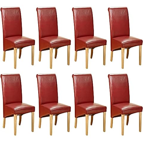 1home Set of 8 Faux Leather Dining Chairs Roll Top High Back with Solid Wooden Legs Oak Finish for Home & Commercial Living Room Bedroom Kitchen Restaurants Red Cover