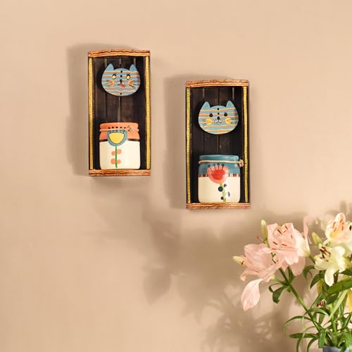 Image of AAKRITI ART CREATIONS Handcrafted Cat Theme Wall Decor with Hanging Floral Art Pots | Wooden & Ceramic Art Set, Matte Finish | Wall Shelf Decor for Home